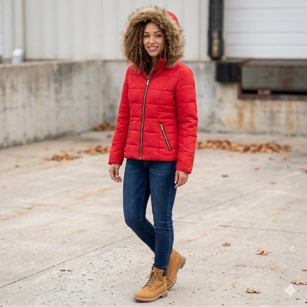 Celebrity Pink Red Hooded Puffer Jacket with Faux Fur Trim